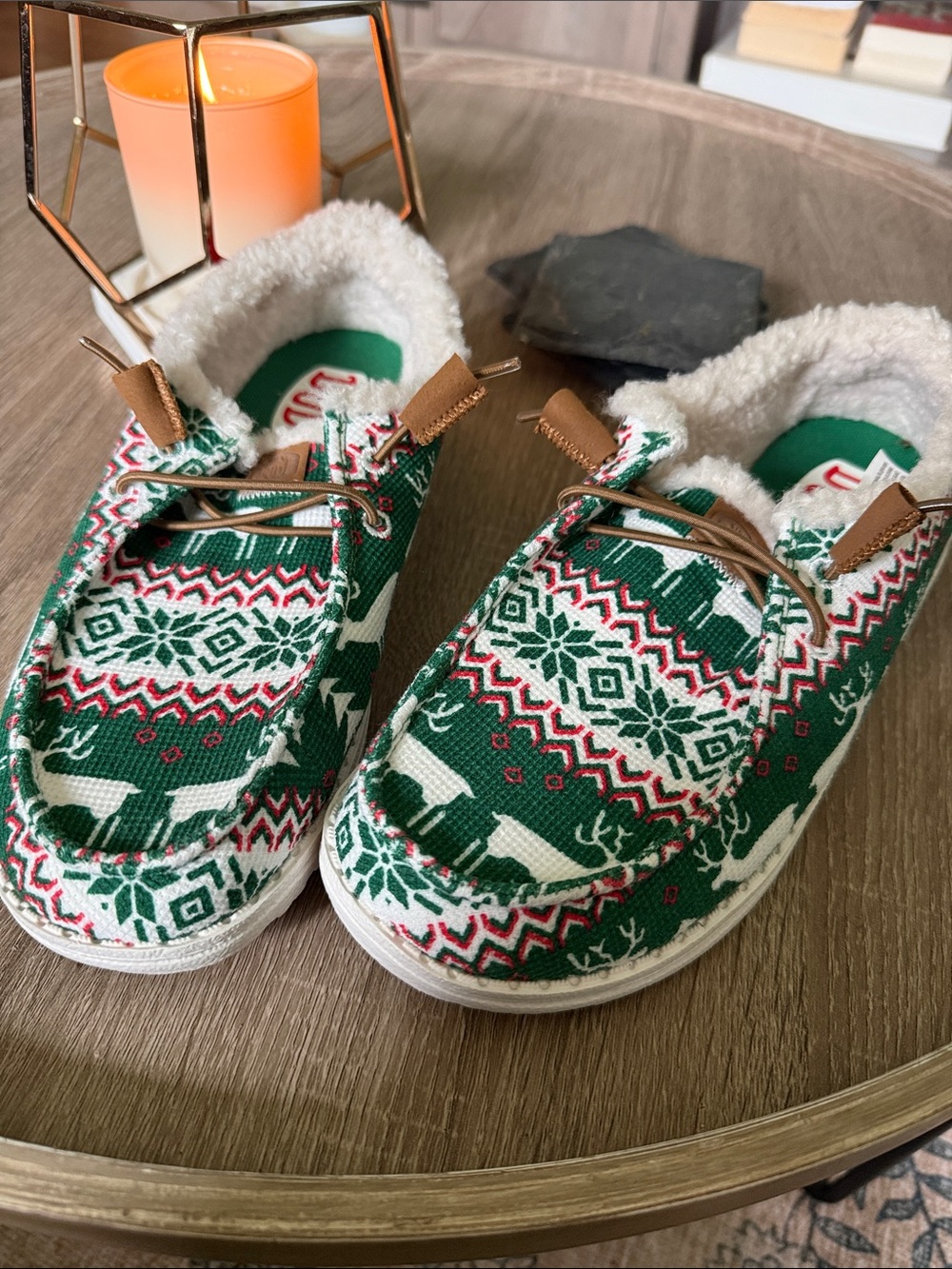 Hey Dude Green Red White Fair Isle Sherpa-Lined Slip-On